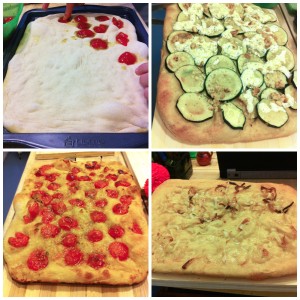 Diferentes pizzas con tomates cherry, calabacín y cebolla